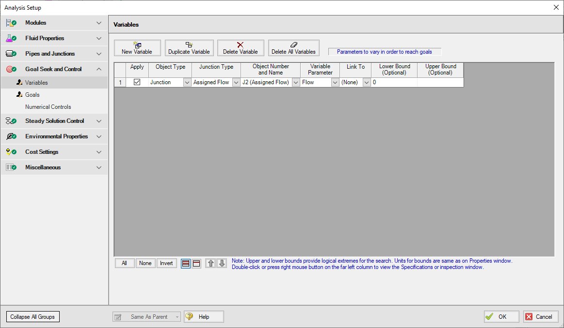 The Variables tab of the Goal Seek and Control Manager window with one variable defined.